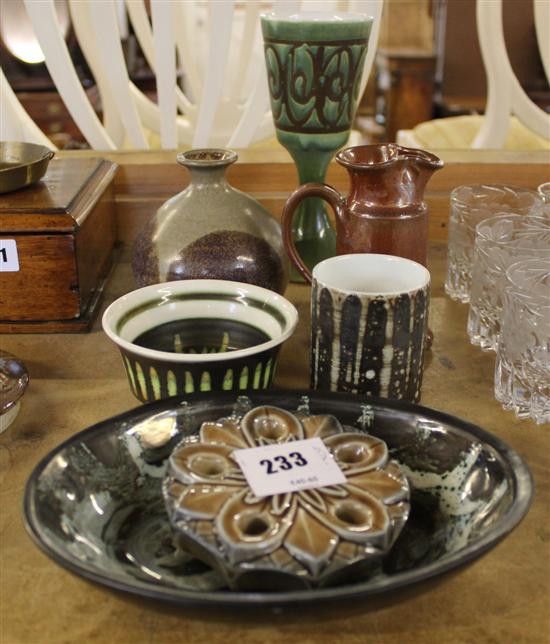 A Dicker ware vase, a Crown Devon utility bowl and three other pottery vessels